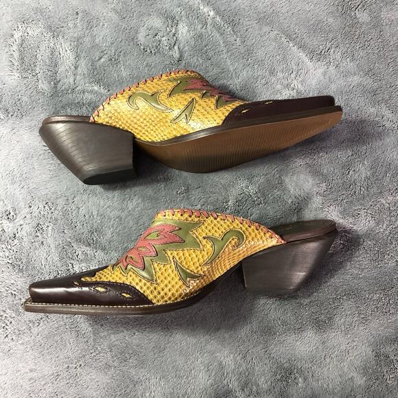 Y2K Women's 6.5B/36 BCBGirls Western Cowboy Boots Slip-On Mules Inlaid leather - Picture 2 of 10